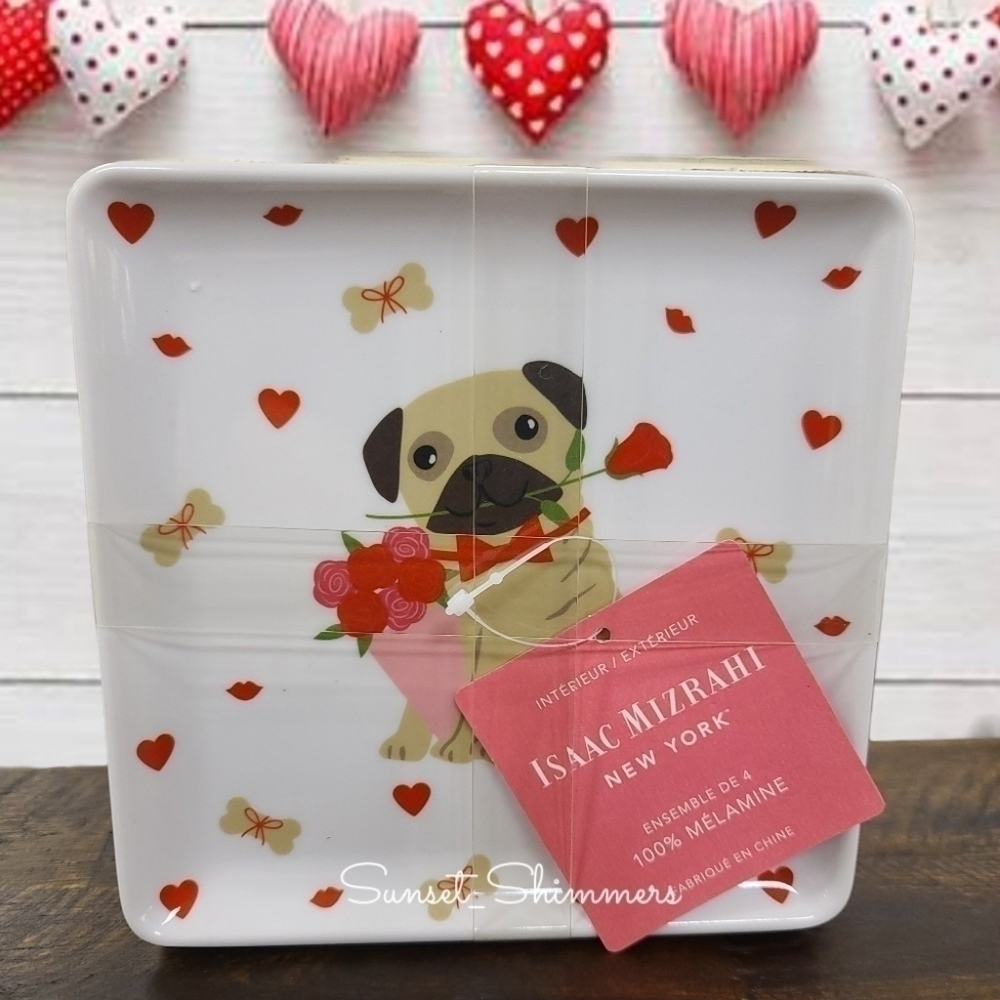 4pc ISAAC MIZRAHI pug dog MELAMINE appetizer / dessert PLATE SET valentines New
